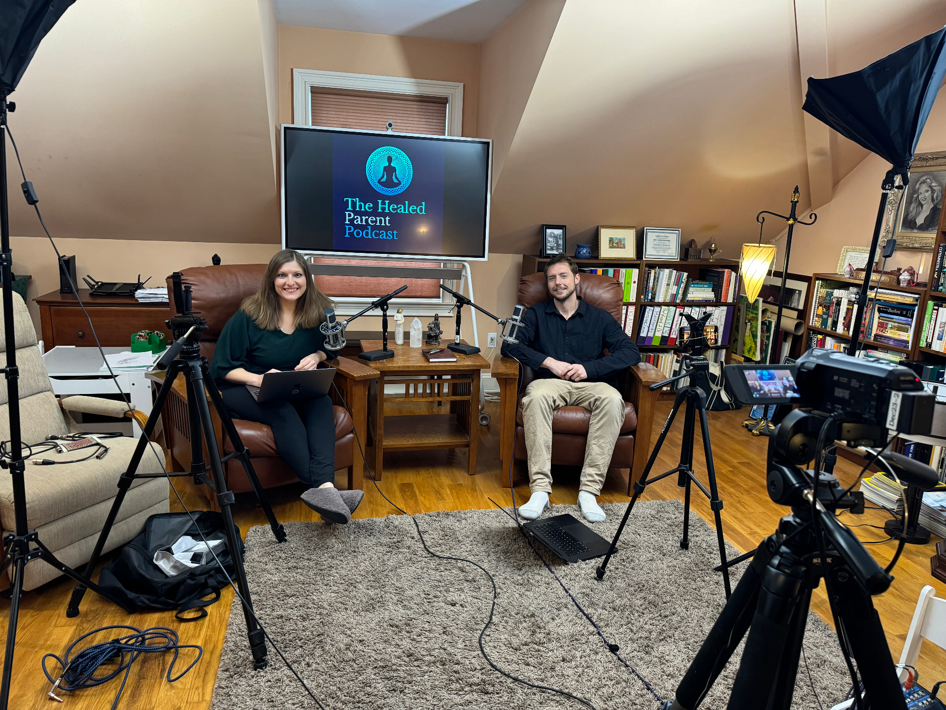 Stephanie Tornatore and JP recording The Healed Parent Podcast