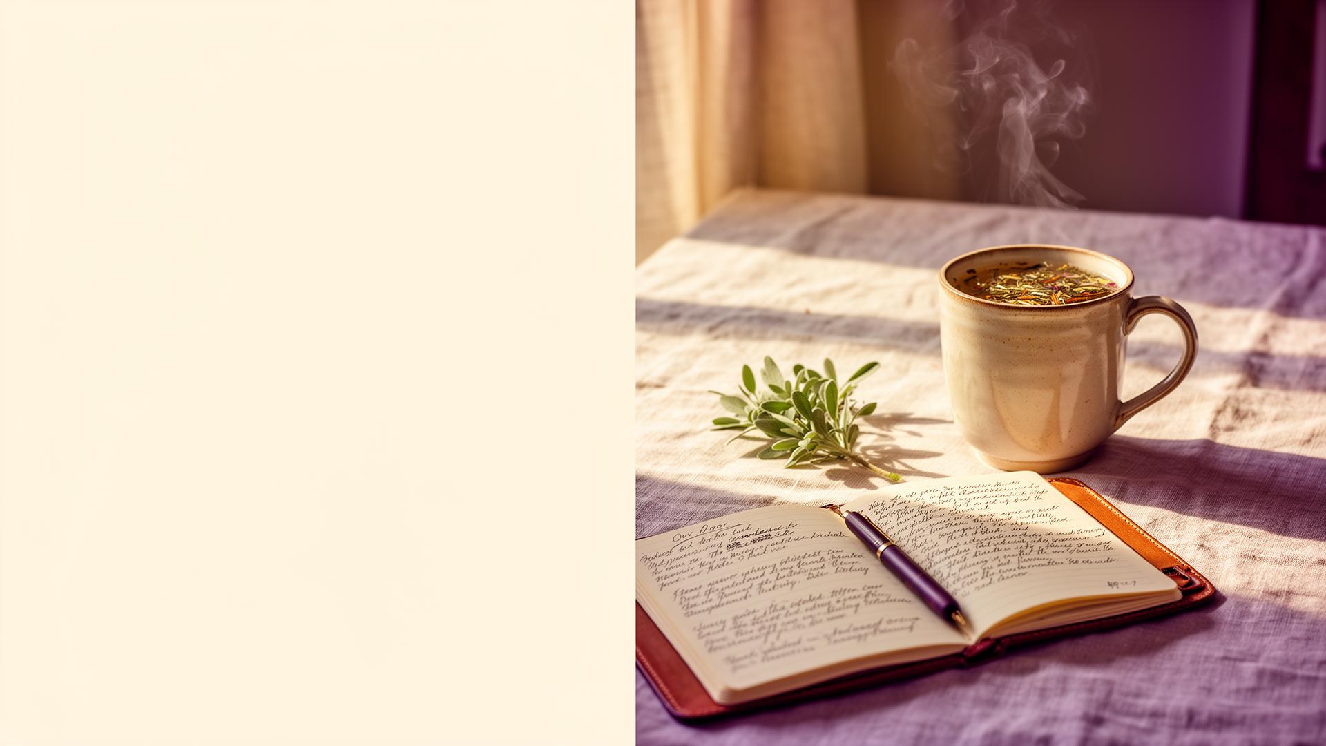 A quiet desk in soft morning light — an open journal with handwritten notes, a ceramic mug of herbal tea with steam rising, and a small sprig of sage on warm linen